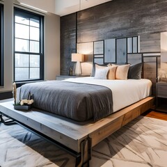 6 A modern, industrial-inspired bedroom with a mix of metal and wood finishes, a low platform bed, and a mix of patterned and solid bedding2, Generative AI