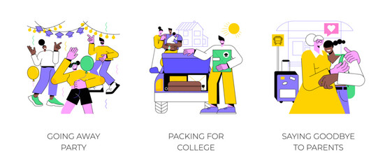 Leaving to campus isolated cartoon vector illustrations set. Organize college admission party, happy student packing for college, saying goodbye to parents, going to university vector cartoon.
