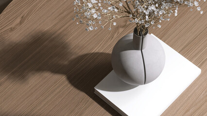 Modern, minimal gray sphere vase, white bouquet flower on book on beautiful brown wood grain table counter podium in sunlight for luxury organic cosmetic, skincare, beauty, food product background 3D