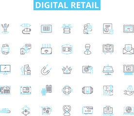 Digital retail linear icons set. E-commerce, Omnichannel, Personalization, Mobile, AI, Virtual, Augmented line vector and concept signs. Social,Analytics,Cybersecurity outline illustrations