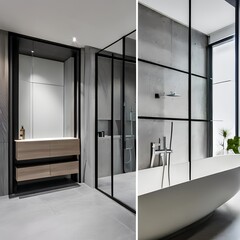 4 A contemporary, minimalist bathroom with a mix of white and concrete finishes, a large, frameless mirror, and a mix of open and closed storage4, Generative AI