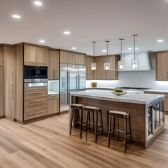 8 A transitional-style kitchen with a mix of white and wood finishes, a large island with seating, and a mix of open and closed storage2, Generative AI