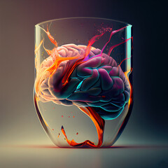 Glass beaker with colored fluid liquid and a human brain inside it. Brain and  mind concepts. Generative AI