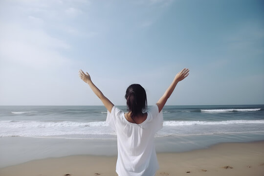 The concept of summer travel, a girl with her hands raised high enjoys life on the seashore. Generative AI