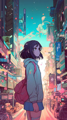 Fototapeta na wymiar Futuristic Anime Girl in an Asian Metropolis