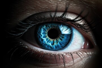 Obraz premium close-up of a blue human eye with intricate details. Generative AI