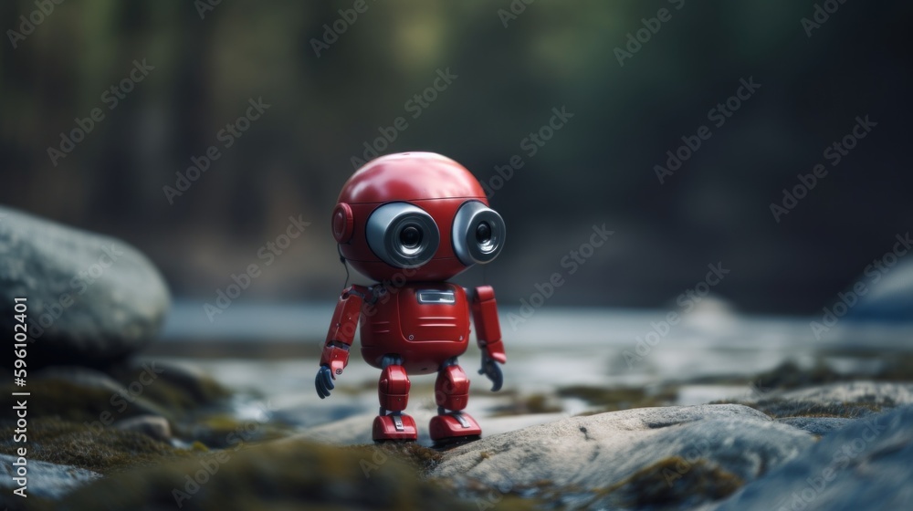 Poster a red robot with big eyes standing on a rock. ai generative image.