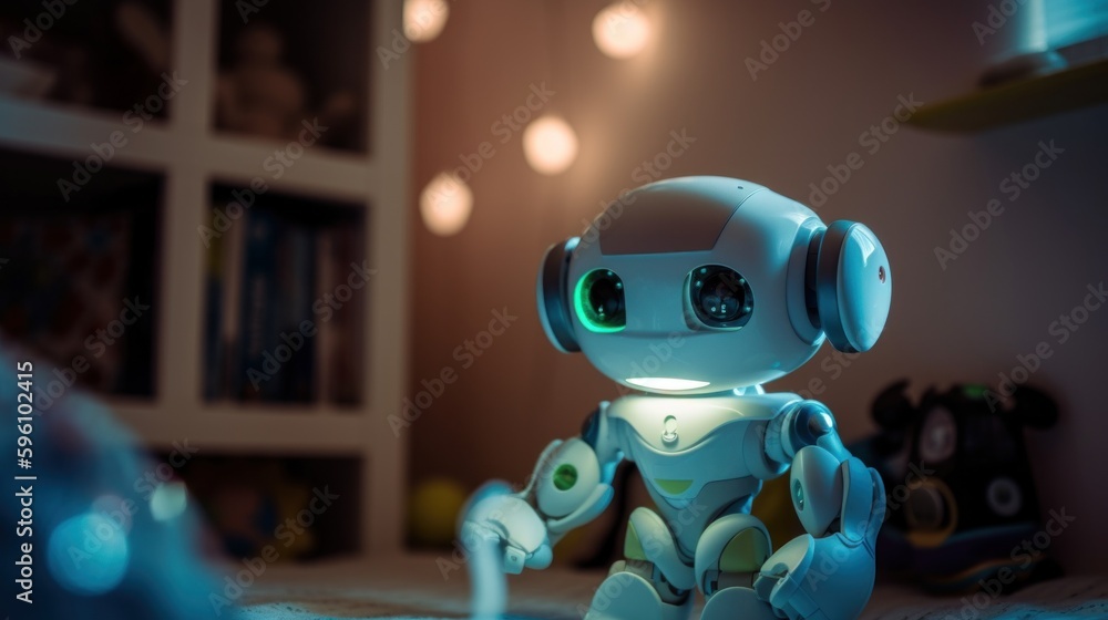 Poster a toy robot sitting on top of a bed. ai generative image.