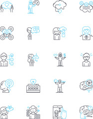 Serenity and peacefulness linear icons set. Tranquility, Serenity, Calmness, Stillness, Harmony, Quietude, Relaxation line vector and concept signs. Equanimity,Contentment,Bliss outline illustrations