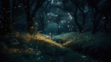 Firefly flying in the forest. Fireflies in the bush at night. Ai generative.