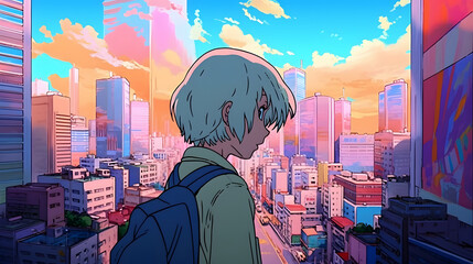 Obraz premium Futuristic Anime Girl in an Asian Metropolis