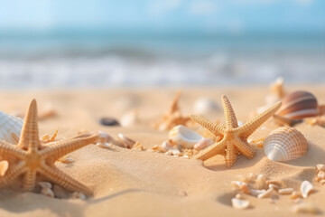 Fototapeta na wymiar beautiful sea shells and starfishes on the seashore, sunny beach at the sea. Generative AI