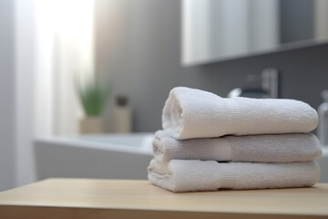 Stack of clean towels on wooden table in bathroom, free space for text. Generative AI