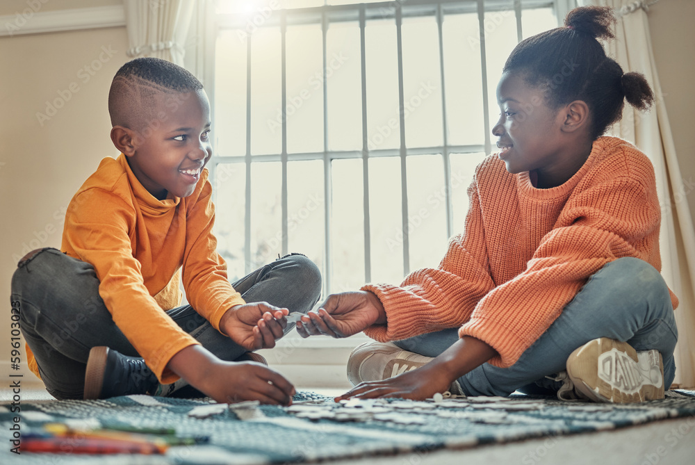 Canvas Prints You can build this piece. a brother and sister building a puzzle together at home.