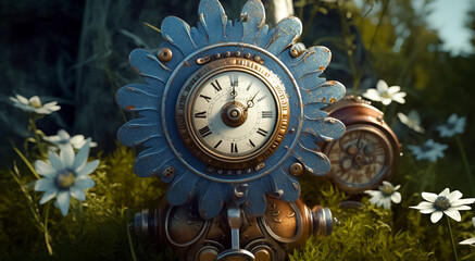 a blue metal daisy with a clock behind it on a metal, time flowers, fiction, scene, tale, generative AI
