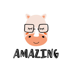 Vector illustration with rhinoceros.Tropical jungle cartoon creatures.Pastel animals background.Cute natural design for fabric, childrens clothing,textiles,wrapping paper.