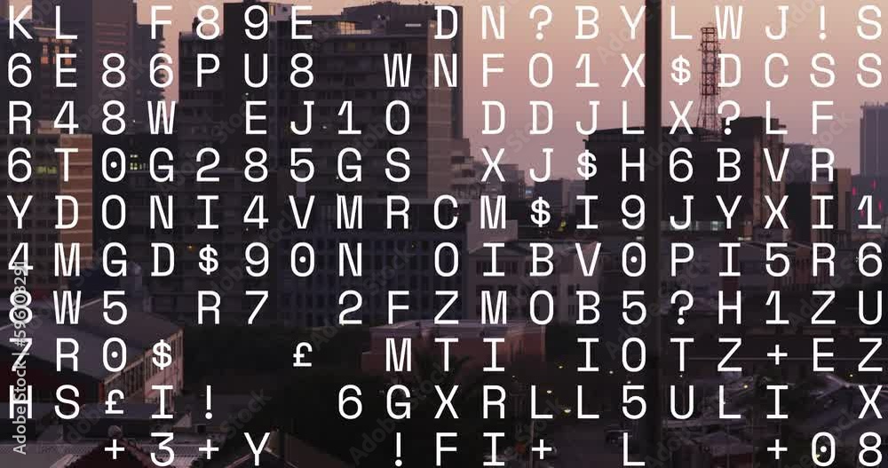 Poster animation of data processing with letters over modern cityscape