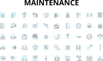 Fototapeta na wymiar Maintenance linear icons set. Repair, Cleaning, Upkeep, Servicing, Inspection, Lubrication, Checking vector symbols and line concept signs. Care,Tuning,Replacement illustration
