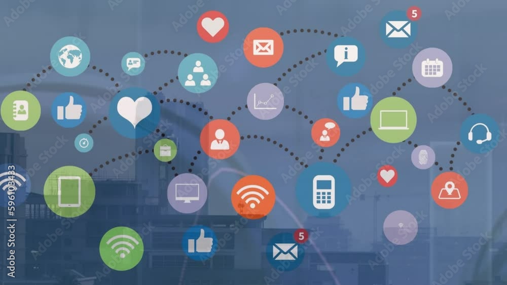 Poster animation of network of digital icons and data processing against aerial view of cityscape