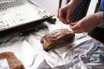 The concept of cooking, cooking meat, a recipe for meat dishes.