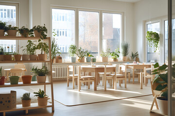Kindergarten interior, biophilic interior design with a variety of indoor plants. Generative AI