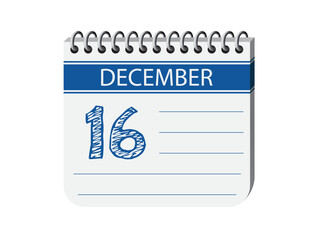 16 december one day notebook, memo, diary, appointment calendar vector. Blue 3d one day memo calendar illustration. Abstract three dimensional daily date appointment, agenda, event calendar. 