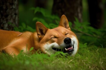 Naklejka na ściany i meble peaceful dog resting in a grassy field with closed eyes. Generative AI