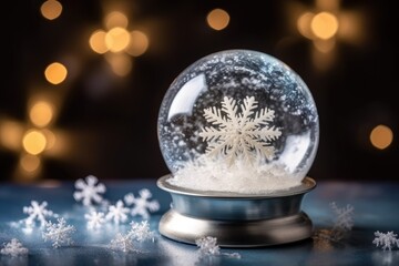 Fototapeta na wymiar snow globe sitting on a wooden table with a winter scene inside. Generative AI