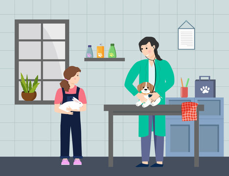 Reception at the veterinary clinic. The doctor examines the puppy. Girl with a rabbit in her arms. Vector illustration. People and animals. For flyers, covers, advertising, posters, veterinary clinics