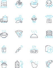 Flavor depot linear icons set. Savory, Satisfying, Indulgent, Appetizing, Delectable, Succulent, Heavenly line vector and concept signs. Zesty,Aromatic,Flavorful outline illustrations