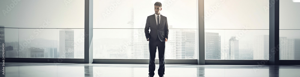 Poster a man in a suit standing in front of a window. ai generative image