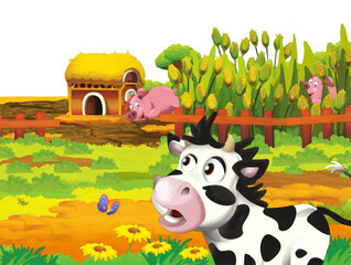 cartoon scene with pig and cow on a farm ranch having fun on white background - illustration for children artistic painting scene