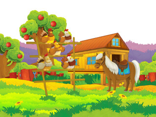 Cartoon farm scene with animal chicken bird having fun on white background with space for text - illustration for children artistic painting scene