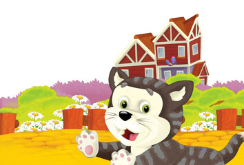 cartoon scene with cat having fun on the farm on white background - illustration for children artistic painting scene