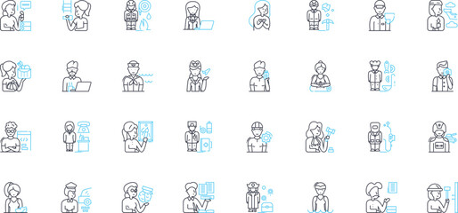 Intelligent employment linear icons set. Efficiency, Creativity, Innovation, Progression, Automation, Consolidation, Digitization line vector and concept signs. Sustainability,Adaptation,Flexibility