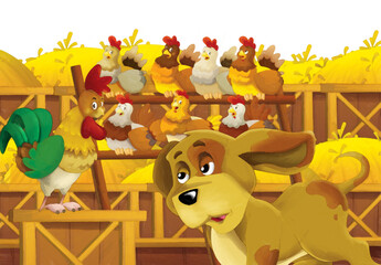 Cartoon farm scene with animal chicken bird having fun on white background with space for text - illustration for children artistic painting scene