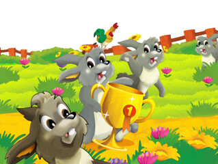 Obraz na płótnie Canvas cartoon scene with rabbit on a farm having fun on white background - illustration for children artistic painting scene