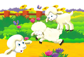 Obraz na płótnie Canvas cartoon scene with sheep having fun on the farm on white background - illustration for children artistic painting scene