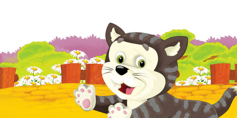cartoon scene with cat having fun on the farm on white background - illustration for children artistic painting scene