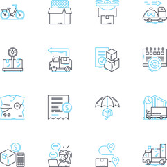 Warehouse operations linear icons set. Inventory, Loading, Unloading, Picking, Packing, Shipping, Receiving line vector and concept signs. Stacking,Organization,Safety outline illustrations