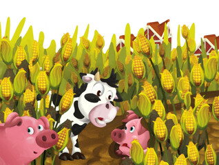 Obraz na płótnie Canvas cartoon scene with pig and cow on a farm ranch having fun on white background - illustration for children