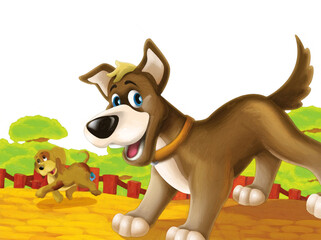 Obraz premium cartoon scene with dog having fun on the farm on white background - illustration for children