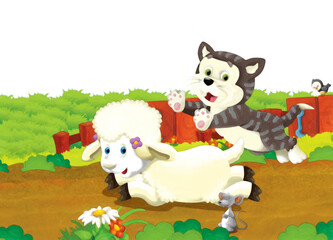 Obraz na płótnie Canvas cartoon scene with sheep and cat having fun on the farm on white background - illustration for children artistic painting scene