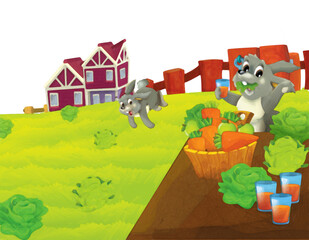 cartoon scene with rabbit on a farm having fun on white background - illustration for children artistic painting scene
