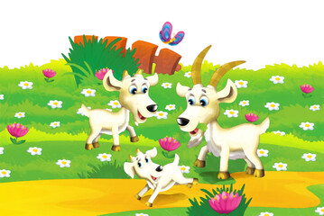Cartoon farm scene with animal goat having fun on white background - illustration for children artistic style painting