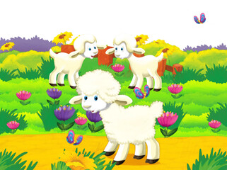 Obraz na płótnie Canvas cartoon scene with sheep having fun on the farm on white background - illustration for children artistic style painting