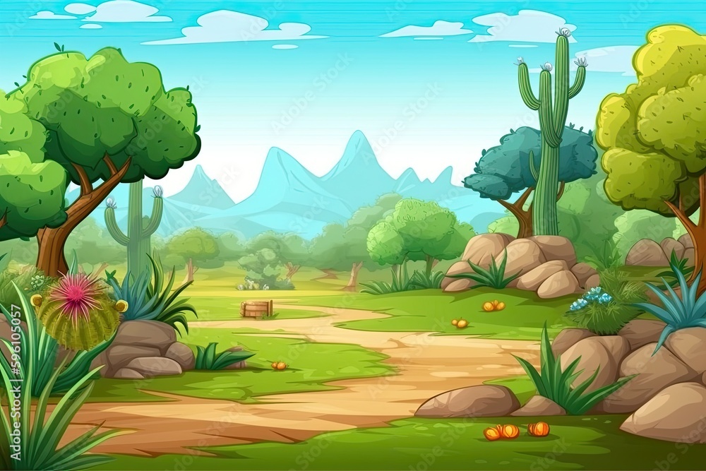 Aufkleber winding path through a dense forest in a cartoon style. generative ai