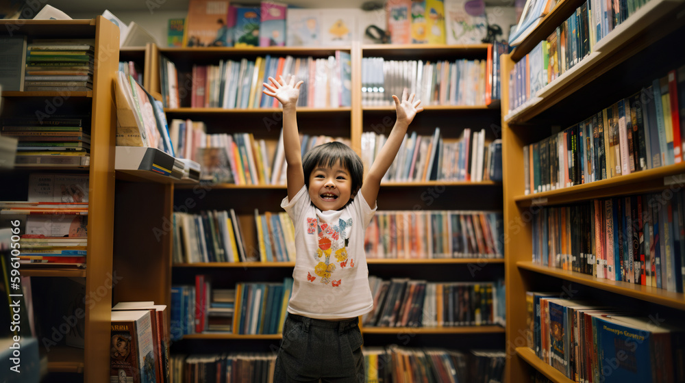 Poster a little girl standing in front of a book shelf. ai generative image