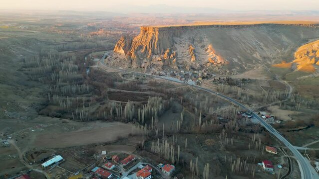 Drone - Selime Monastery, Cappadocia, Turkey 2023 - Flying straight over the city towards the mountain speed x2