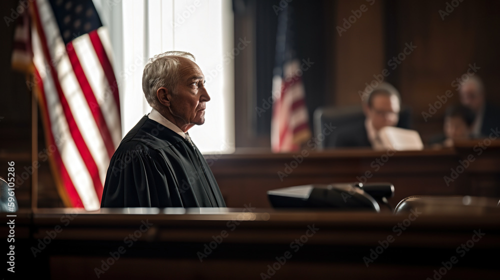 Poster a judge sitting in a courtroom in front of an american flag. ai generative image